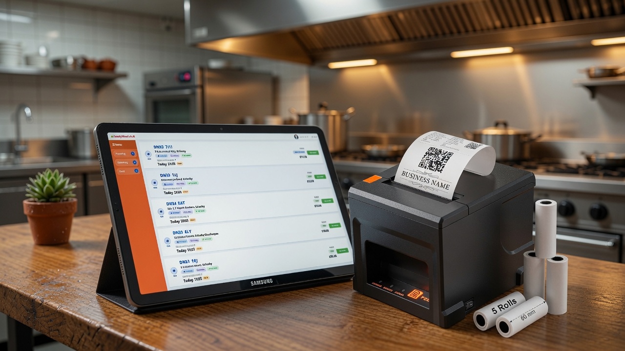 Tablet with incoming orders and Bluetooth kitchen ticket printer